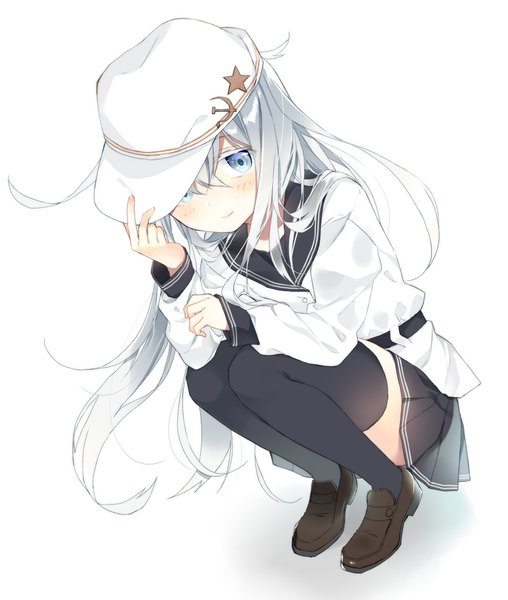 Anime picture 920x1086 with kantai collection hibiki destroyer verniy destroyer naoto (tulip) single long hair tall image looking at viewer blush fringe blue eyes simple background smile hair between eyes white background silver hair full body zettai ryouiki squat adjusting hat