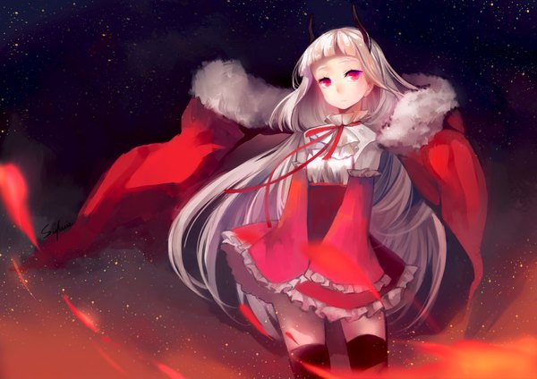 Anime picture 4000x2829 with original pixiv fantasia slyvia single long hair looking at viewer fringe highres red eyes standing absurdres white hair blunt bangs long sleeves horn (horns) wind night wide sleeves zettai ryouiki night sky