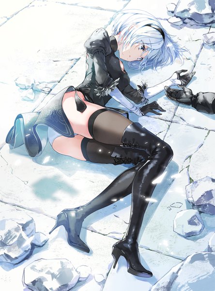 Anime picture 675x911 with nier nier:automata yorha no. 2 type b yorha no. 9 type s tiv tall image short hair breasts blue eyes light erotic large breasts looking away full body ass outdoors white hair lying long sleeves sunlight mole