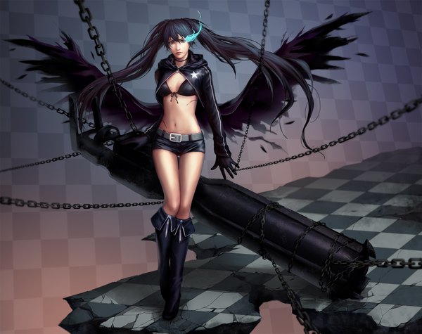 Anime picture 1800x1425 with black rock shooter black rock shooter (character) unodu single long hair looking at viewer highres blue eyes black hair twintails lips bare belly legs glowing glowing eye (eyes) girl gloves navel shorts boots