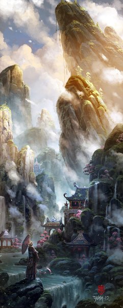 Anime picture 900x2237 with world of warcraft blizzard entertainment blood elf chaoyuanxu long hair tall image blonde hair green eyes cloud (clouds) traditional clothes looking back mountain landscape river rock waterfall architecture east asian architecture girl ribbon (ribbons)