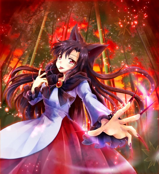 Anime picture 1100x1200 with touhou imaizumi kagerou izumi akane single long hair tall image red eyes brown hair animal ears fingernails long fingernails :p wolf ears girl dress plant (plants) tree (trees) forest bamboo