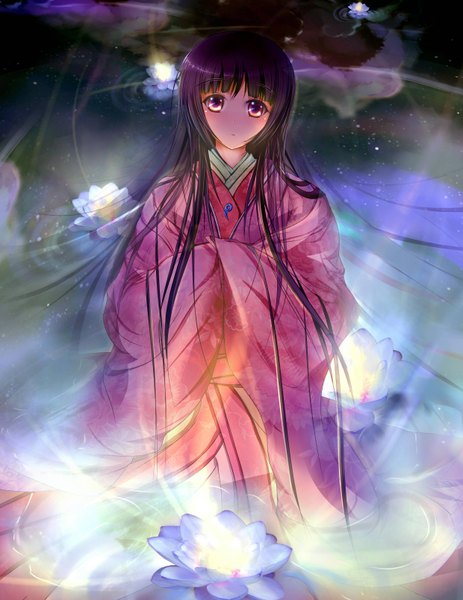Anime picture 2480x3215 with nurarihyon no mago youhime garyljq single long hair tall image highres black hair red eyes purple hair long sleeves traditional clothes japanese clothes light girl water kimono water lily junihitoe