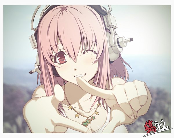 Anime picture 803x639 with nitroplus super sonico simasima owl single long hair looking at viewer blush fringe breasts smile red eyes pink hair one eye closed fingernails wink sleeveless outstretched arm girl headphones necklace