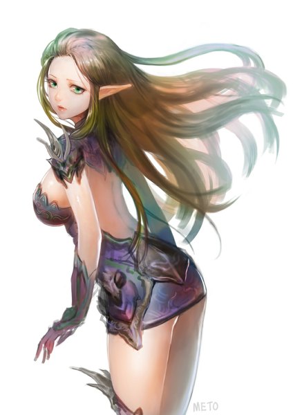 Anime picture 800x1132 with original meto31 single long hair tall image looking at viewer breasts light erotic simple background brown hair large breasts white background green eyes signed pointy ears legs elf bare back arched back girl