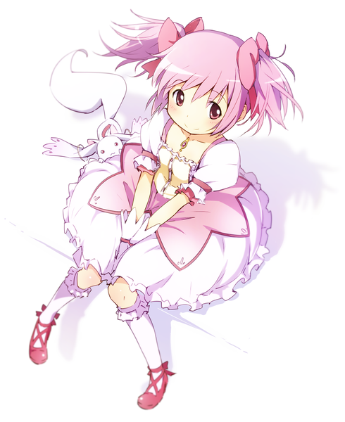 Anime picture 1000x1224 with mahou shoujo madoka magica shaft (studio) kaname madoka kyuubee bun150 single tall image looking at viewer blush short hair simple background white background sitting twintails pink hair pink eyes shadow short twintails girl gloves