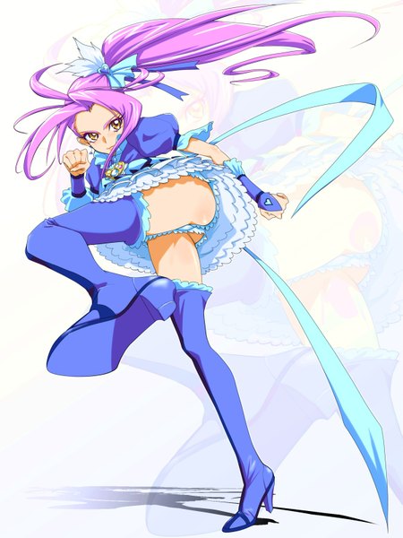 Anime picture 1200x1600 with precure suite precure toei animation seiren (suite precure) cure beat agahat (artist) single long hair tall image simple background yellow eyes pink hair full body zoom layer girl dress gloves fingerless gloves thigh boots fist