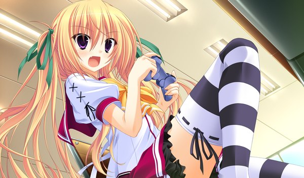 Anime picture 1024x600 with sora to kumo to kimi no koi long hair blush open mouth blonde hair wide image purple eyes twintails game cg teeth fang (fangs) girl thighhighs uniform ribbon (ribbons) hair ribbon school uniform striped thighhighs