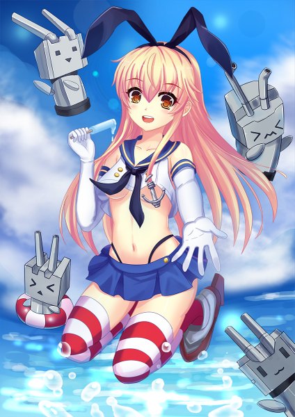 Anime picture 849x1200 with kantai collection shimakaze destroyer rensouhou-chan dance of eternity single long hair tall image blush open mouth light erotic blonde hair brown eyes girl thighhighs gloves miniskirt elbow gloves food sweets striped thighhighs
