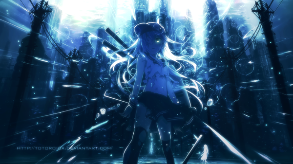 Anime picture 1366x768 with kantai collection hibiki destroyer verniy destroyer yuzuki kihiro totoro-gx single long hair fringe blue eyes wide image standing looking away sky white hair hair over one eye torn clothes glowing glowing eye (eyes) serious girl