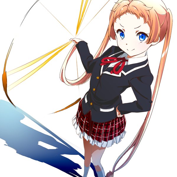 Anime picture 1000x1000 with chuunibyou demo koi ga shitai! kyoto animation dekomori sanae kakeru (pixiv id 95071) single looking at viewer blue eyes blonde hair simple background white background twintails very long hair shadow hand on hip plaid skirt :> girl uniform hair ornament school uniform