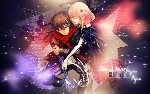 Anime picture 1920x1200 with guilty crown production i.g yuzuriha inori ouma shu redjuice highres short hair red eyes brown hair wide image pink hair eyes closed couple girl boy hair ornament hairclip scarf