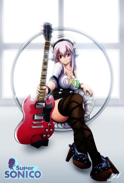 Anime picture 1700x2500 with nitroplus super sonico skydrg single long hair tall image looking at viewer light erotic red eyes pink hair legs girl thighhighs black thighhighs headphones guitar