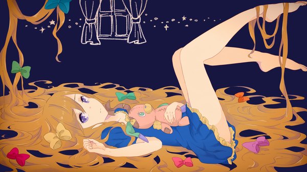 Anime picture 1920x1080 with original kise (swimmt) single looking at viewer highres brown hair wide image purple eyes lying very long hair barefoot girl dress bow hair bow window toy stuffed animal
