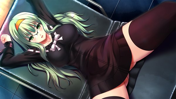 Anime picture 1280x720 with yakin byoutou zero (game) jinguuji narumi (yakin byoutou zero) long hair blush open mouth light erotic wide image green eyes game cg green hair spread legs girl thighhighs bow black thighhighs glasses hairband