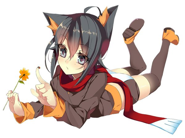Anime picture 1500x1117 with original koba single short hair blue eyes black hair simple background white background animal ears cat ears girl thighhighs flower (flowers) black thighhighs scarf