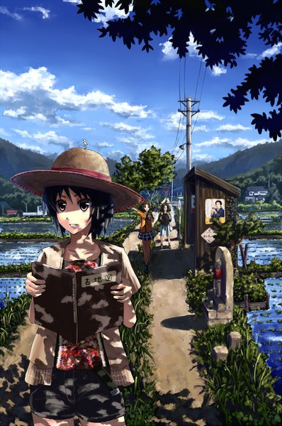 Anime picture 800x1205 with original bokuden tall image short hair black hair multiple girls brown eyes sky cloud (clouds) shadow plaid skirt mountain girl skirt plant (plants) hat tree (trees) shorts book (books) short shorts