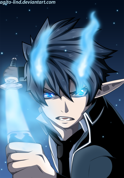 Anime picture 1000x1431 with ao no exorcist a-1 pictures okumura rin aagito single tall image short hair blue eyes black hair pointy ears grin coloring magic glowing portrait light dark background face glowing eye (eyes) boy