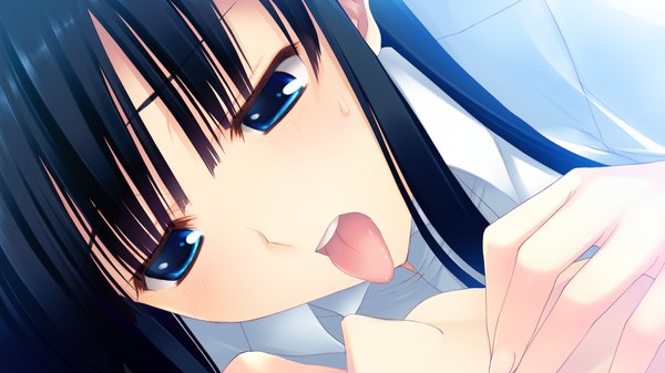 Anime picture 1280x720 with white album 2 touma kazusa long hair open mouth blue eyes light erotic black hair wide image game cg girl tongue
