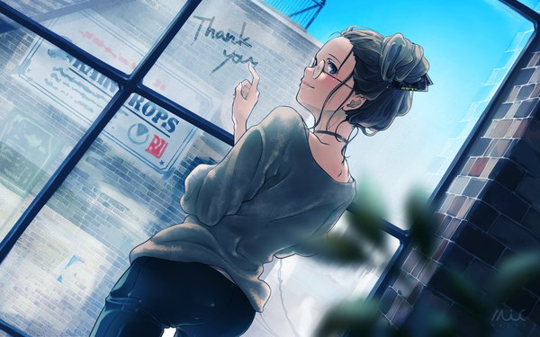 Anime picture 1920x1200 with original maeda-mic single looking at viewer highres blue eyes black hair smile standing indoors looking back hair bun (hair buns) text english thank you girl glasses window