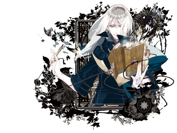 Anime picture 1366x1030 with haitaka no psychedelica hugh (haitaka no psychedelica) yuiga satoru single long hair looking at viewer fringe simple background smile white background holding white hair hair over one eye pale skin boy book (books)