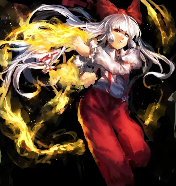 Anime picture 1135x1200 with touhou fujiwara no mokou nazoko single long hair tall image looking at viewer fringe red eyes white hair girl bow hair bow shirt fire suspenders