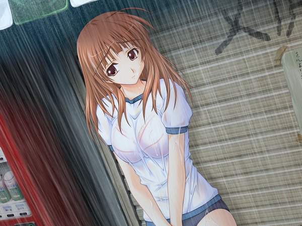 Anime picture 1024x768 with cheerfull! giga sakuragi yurika long hair brown hair brown eyes game cg rain girl uniform gym uniform