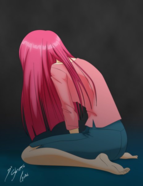 Anime picture 2550x3300 with original shinta-girl single long hair tall image highres sitting signed pink hair barefoot dark background sad girl skirt