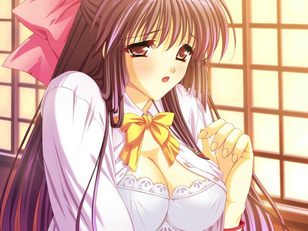 Anime picture 1024x768 with happy harem script (game) long hair open mouth light erotic brown eyes blue hair game cg girl