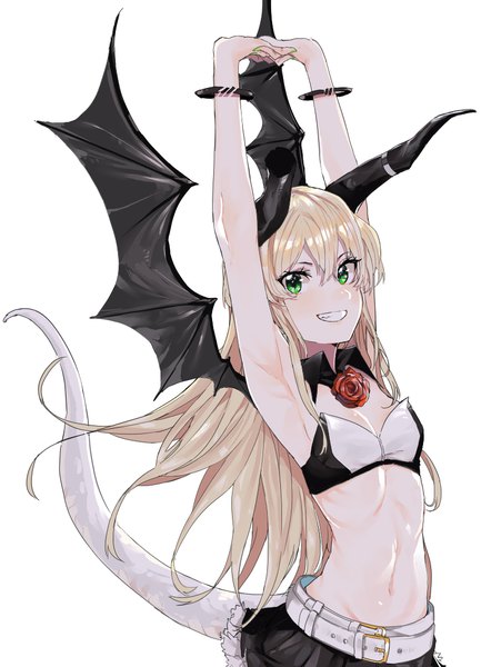 Anime picture 800x1109 with original pinch (nesume) single long hair tall image looking at viewer blush fringe light erotic simple background blonde hair smile hair between eyes white background green eyes nail polish horn (horns) fingernails arms up teeth