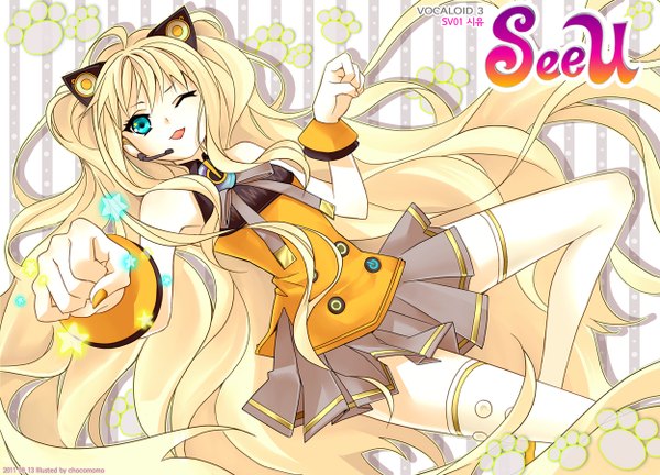Anime picture 1250x900 with vocaloid seeu chitta (artist) single long hair blue eyes blonde hair one eye closed wink magic girl thighhighs skirt miniskirt white thighhighs star (symbol)
