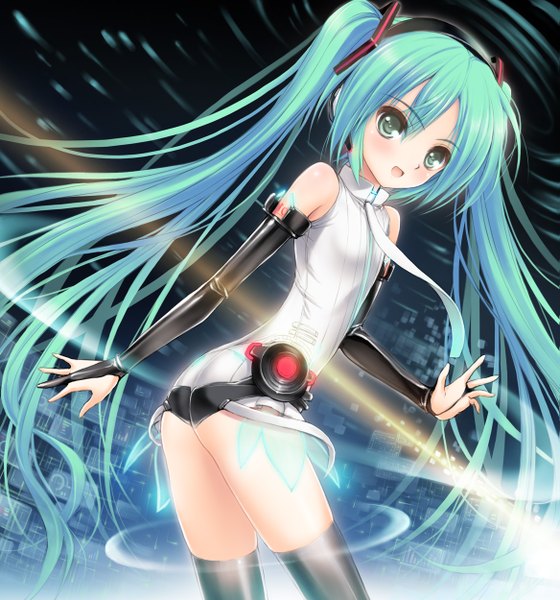 Anime picture 1167x1250 with vocaloid vocaloid append hatsune miku hatsune miku (append) norita long hair tall image open mouth smile twintails bare shoulders green eyes looking back green hair girl thighhighs gloves black thighhighs necktie elbow gloves