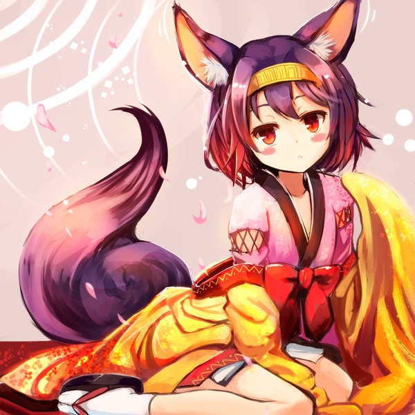 Anime picture 2000x2000 with no game no life madhouse hatsuse izuna sakura ani single looking at viewer blush highres short hair red eyes animal ears purple hair tail traditional clothes animal tail multicolored hair two-tone hair fox ears fox tail fox girl
