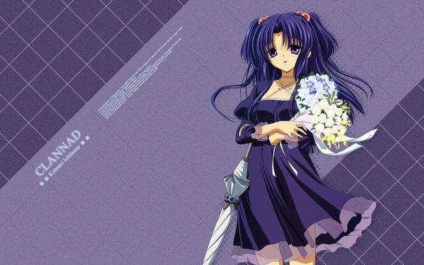 Anime picture 1920x1200 with clannad key (studio) ichinose kotomi single long hair looking at viewer highres open mouth blue eyes wide image blue hair two side up wallpaper closed umbrella girl dress flower (flowers) umbrella bouquet blue dress