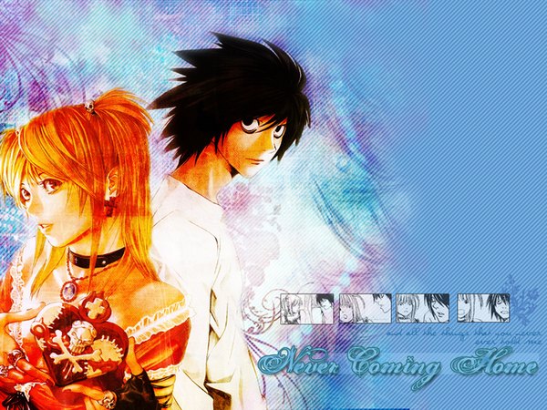 Anime picture 1040x780 with death note madhouse l (death note) amane misa long hair looking at viewer short hair black hair red eyes orange hair skull and crossbones girl boy