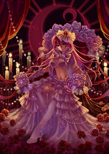 Anime picture 1200x1697 with vocaloid megurine luka akane (xichris) single long hair tall image looking at viewer fringe blue eyes sitting pink hair crescent girl gloves navel flower (flowers) ribbon (ribbons) hat rose (roses) thigh boots