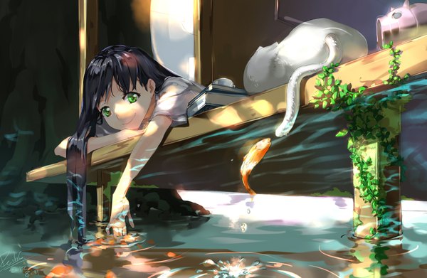 Anime picture 2300x1500 with original daible long hair highres black hair smile green eyes lying cat tail reflection girl plant (plants) water book (books) cat fish (fishes) door