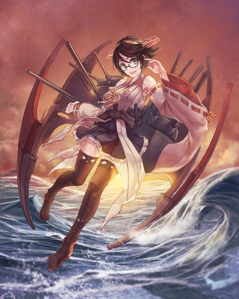 Anime picture 1500x1877 with kantai collection kirishima battleship rotix single tall image looking at viewer short hair black hair traditional clothes japanese clothes grey eyes evening sunset weightlessness nontraditional miko girl weapon water glasses hairband
