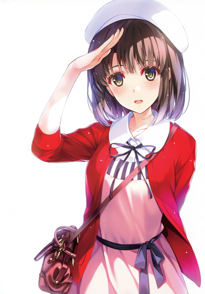 Anime picture 2438x3488 with saenai heroine no sodatekata a-1 pictures katou megumi misaki kurehito single tall image looking at viewer blush highres short hair open mouth simple background brown hair white background brown eyes :d official art arm behind back salute girl