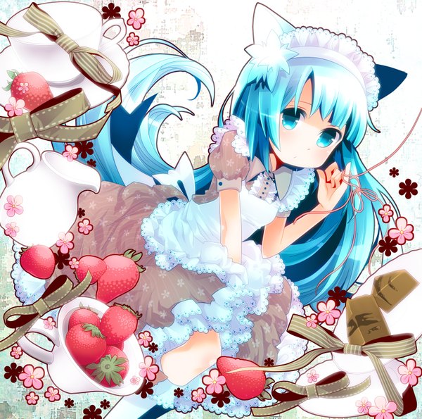 Anime picture 1500x1488 with moonyan single long hair blue eyes animal ears blue hair cat ears maid girl ribbon (ribbons) food sweets bonnet cup berry (berries) strawberry chocolate thread red thread pitcher