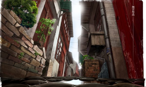 Anime picture 1333x800 with original mugon wide image sky alley plant (plants) window house road puddle balcony