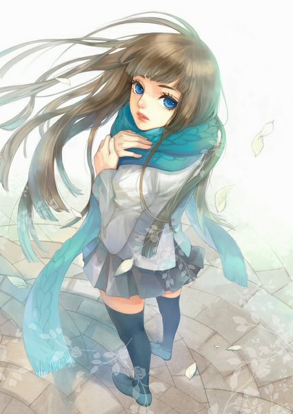 Anime picture 637x900 with original fukawa (pixiv) single long hair tall image looking at viewer fringe blue eyes brown hair standing pleated skirt looking back from above wind sunlight girl thighhighs skirt black thighhighs petals