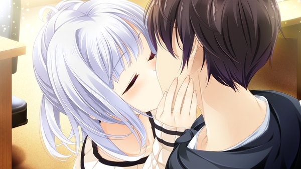 Anime picture 2560x1440 with ojou-sama wa sunao ni narenai ensemble (studio) konoe souichi mibu natsuki (ojonai) yashima takahiro blush fringe highres short hair wide image game cg silver hair ahoge indoors blunt bangs eyes closed long sleeves couple sleeves past wrists close-up