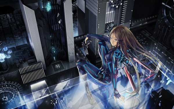 Anime picture 1920x1200 with original redjuice long hair highres blue eyes brown hair wide image sitting looking back night city girl weapon gun building (buildings) bodysuit
