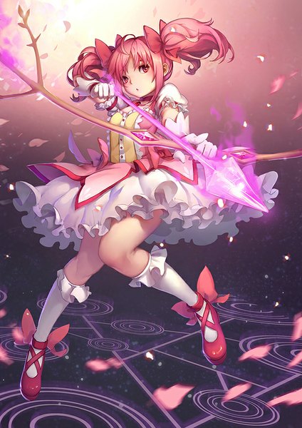 Anime picture 620x877 with mahou shoujo madoka magica shaft (studio) kaname madoka loewy single long hair tall image looking at viewer red eyes twintails pink hair short sleeves glowing weapon girl gloves bow weapon hair bow choker frills
