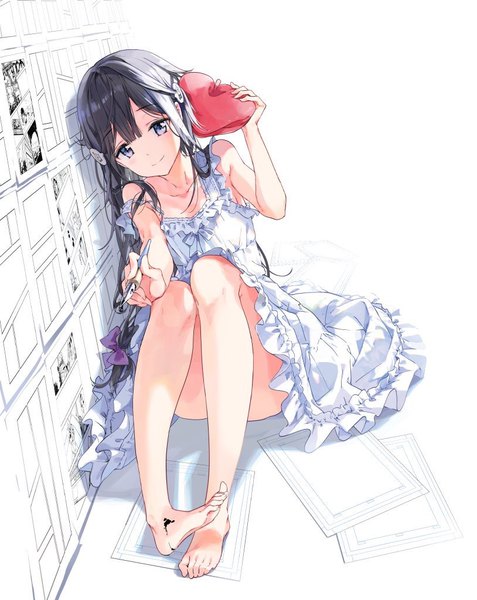Anime picture 814x1024 with masamune-kun no revenge silver link adagaki aki tiv single long hair tall image looking at viewer blush fringe blue eyes light erotic black hair smile white background sitting twintails bare shoulders holding full body
