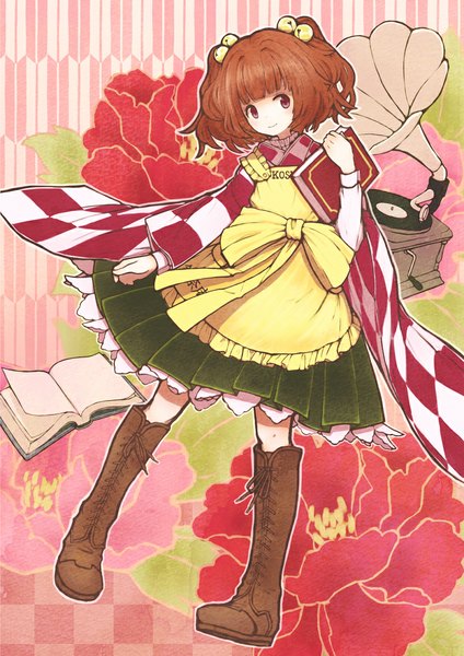 Anime picture 800x1131 with touhou motoori kosuzu aoyagi neko single tall image blush short hair red eyes brown hair looking away traditional clothes japanese clothes two side up character names hair bell yagasuri girl hair ornament book (books) apron