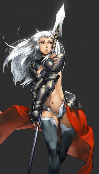 Anime picture 683x1200 with original cozy single long hair tall image simple background looking away white hair pointy ears grey background bare belly grey eyes elf valkyrie girl thighhighs gloves navel weapon armor