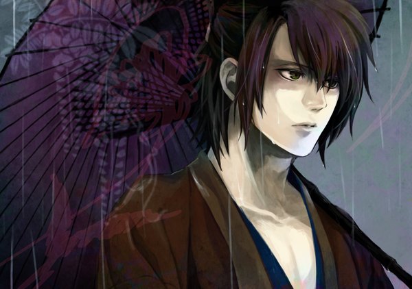 Anime picture 1500x1057 with hakuouki shinsengumi kitan studio deen saito hajime ao (pixiv 1847102) single green eyes purple hair japanese clothes wet rain boy umbrella