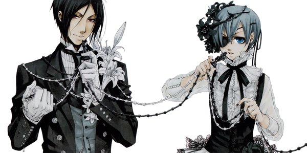Anime picture 1836x916 with kuroshitsuji a-1 pictures sebastian michaelis ciel phantomhive highres blue eyes black hair simple background red eyes wide image white background multiple boys butler boy gloves flower (flowers) necktie bowtie 2 boys eyepatch